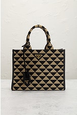 FWRD Renew Prada Symbole Embroidered Tote Bag in Beige, view 2, click to view large image.