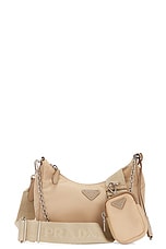 FWRD Renew Prada Re-Edition 2005 Re-Nylon Shoulder Bag in Beige, view 1, click to view large image.