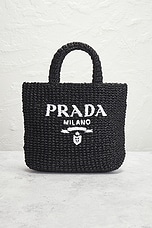 FWRD Renew Prada Crocheted Raffia Tote Bag in Black, view 2, click to view large image.