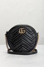 FWRD Renew Gucci Mini GG Marmont Round Shoulder Bag in Black, view 2, click to view large image.