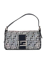 FWRD Renew Fendi Zucchino Crystal Baguette Shoulder Bag in Gray, Navy, & Silver, view 1, click to view large image.