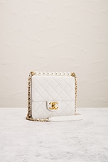 FWRD Renew Chanel Lambskin Mini Square Pearl Crush Flap Bag in White, view 2, click to view large image.