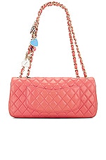 FWRD Renew Chanel Matelasse East West Valentine Charms Lambskin Single Flap Double Chain Bag in Pink, view 2, click to view large image.