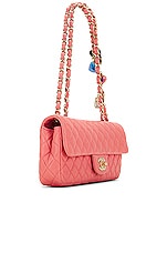 FWRD Renew Chanel Matelasse East West Valentine Charms Lambskin Single Flap Double Chain Bag in Pink, view 3, click to view large image.