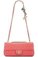 FWRD Renew Chanel Matelasse East West Valentine Charms Lambskin Single Flap Double Chain Bag in Pink, view 5, click to view large image.