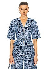 Ganni Jacquard Denim Flounce Tie Blouse in Mid Blue Stone, view 1, click to view large image.