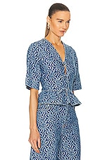 Ganni Jacquard Denim Flounce Tie Blouse in Mid Blue Stone, view 2, click to view large image.