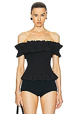 Ganni Poplin Off-shoulder Smock Top in Black, view 1, click to view large image.