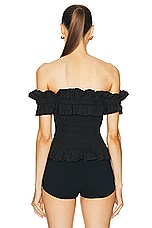 Ganni Poplin Off-shoulder Smock Top in Black, view 3, click to view large image.