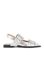 Ganni Buckle Ballerina Flat in Silver, view 1, click to view large image.