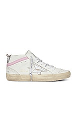 Golden Goose Mid Star Leather Upper Sneaker in White, Silver, & Pink, view 1, click to view large image.
