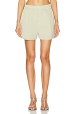 GRLFRND Tech Gabardine Boxer Shorts in Light Olive, view 1, click to view large image.