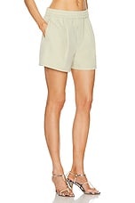 GRLFRND Tech Gabardine Boxer Shorts in Light Olive, view 2, click to view large image.