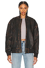 GRLFRND Distressed Leather Oversized Bomber in Chocolate Brown, view 1, click to view large image.