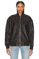 GRLFRND Distressed Leather Oversized Bomber in Chocolate Brown, view 2, click to view large image.