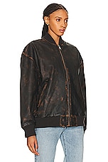 GRLFRND Distressed Leather Oversized Bomber in Chocolate Brown, view 3, click to view large image.