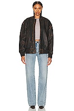 GRLFRND Distressed Leather Oversized Bomber in Chocolate Brown, view 5, click to view large image.