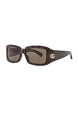 Gucci GG Corner Rectangular Squared Sunglasses In Havana Brown in Havana Brown, view 2, click to view large image.