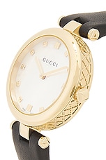 Gucci White Mother Of Pearl Dial Leather Strap Watch in Black, view 3, click to view large image.