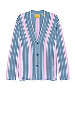 Guest In Residence Baja Everywear Cardigan in Denim Blue, Fuschia, & Cream, view 1, click to view large image.