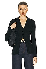 Guest In Residence Rib Button Cardigan in Black, view 1, click to view large image.