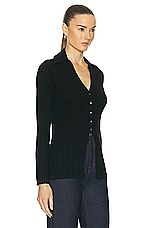 Guest In Residence Rib Button Cardigan in Black, view 2, click to view large image.