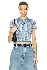Guest In Residence Gingham Shrunken Polo Top in Denim Blue & Cream, view 1, click to view large image.