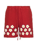 HARAGO Crochet Applique Shorts in Red, view 1, click to view large image.