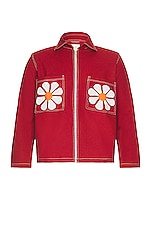 HARAGO Applique Flower Zipper Jacket in Red, view 1, click to view large image.
