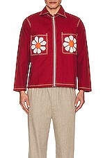 HARAGO Applique Flower Zipper Jacket in Red, view 3, click to view large image.
