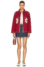 HARAGO Applique Flower Zipper Jacket in Red, view 4, click to view large image.