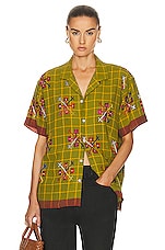 HARAGO Floral Embroidered Shirt in Green, view 1, click to view large image.