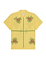 HARAGO Cross Stitch Floral Short Sleeve Shirt in Yellow, view 1, click to view large image.