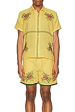 HARAGO Cross Stitch Floral Short Sleeve Shirt in Yellow, view 4, click to view large image.