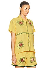 HARAGO Cross Stitch Floral Short Sleeve Shirt in Yellow, view 2, click to view large image.