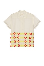 HARAGO Crochet Applique Short Sleeve Shirt in Off White, view 1, click to view large image.