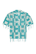 Honor The Gift A-spring Unisex Crochet Button Down Shirt in Teal, view 1, click to view large image.