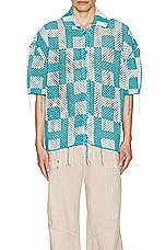 Honor The Gift A-spring Unisex Crochet Button Down Shirt in Teal, view 3, click to view large image.
