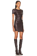 Helmut Lang Faux Leather Twist Short Sleeve Dress in Wine, view 2, click to view large image.