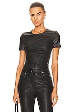 Helmut Lang Faux Leather Twist Short Sleeve Top in Black, view 1, click to view large image.