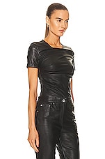 Helmut Lang Faux Leather Twist Short Sleeve Top in Black, view 2, click to view large image.