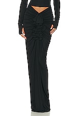 Helsa Matte Jersey Long Ruched Skirt in Black, view 1, click to view large image.