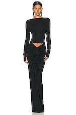 Helsa Matte Jersey Long Ruched Skirt in Black, view 4, click to view large image.