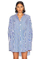 Helsa Cotton Poplin Oversized Shirt in Bright Blue Stripe, view 2, click to view large image.