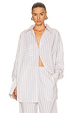 Helsa Cotton Poplin Stripe Oversized Shirt in Beige Stripe, view 1, click to view large image.