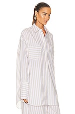 Helsa Cotton Poplin Stripe Oversized Shirt in Beige Stripe, view 2, click to view large image.