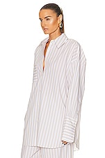 Helsa Cotton Poplin Stripe Oversized Shirt in Beige Stripe, view 3, click to view large image.