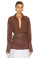 Helsa Sheer Button Slim Shirt in Chocolate Brown, view 1, click to view large image.
