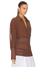 Helsa Sheer Button Slim Shirt in Chocolate Brown, view 2, click to view large image.