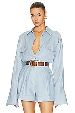 Helsa Linen Button Down Shirt in Chambray Blue, view 1, click to view large image.